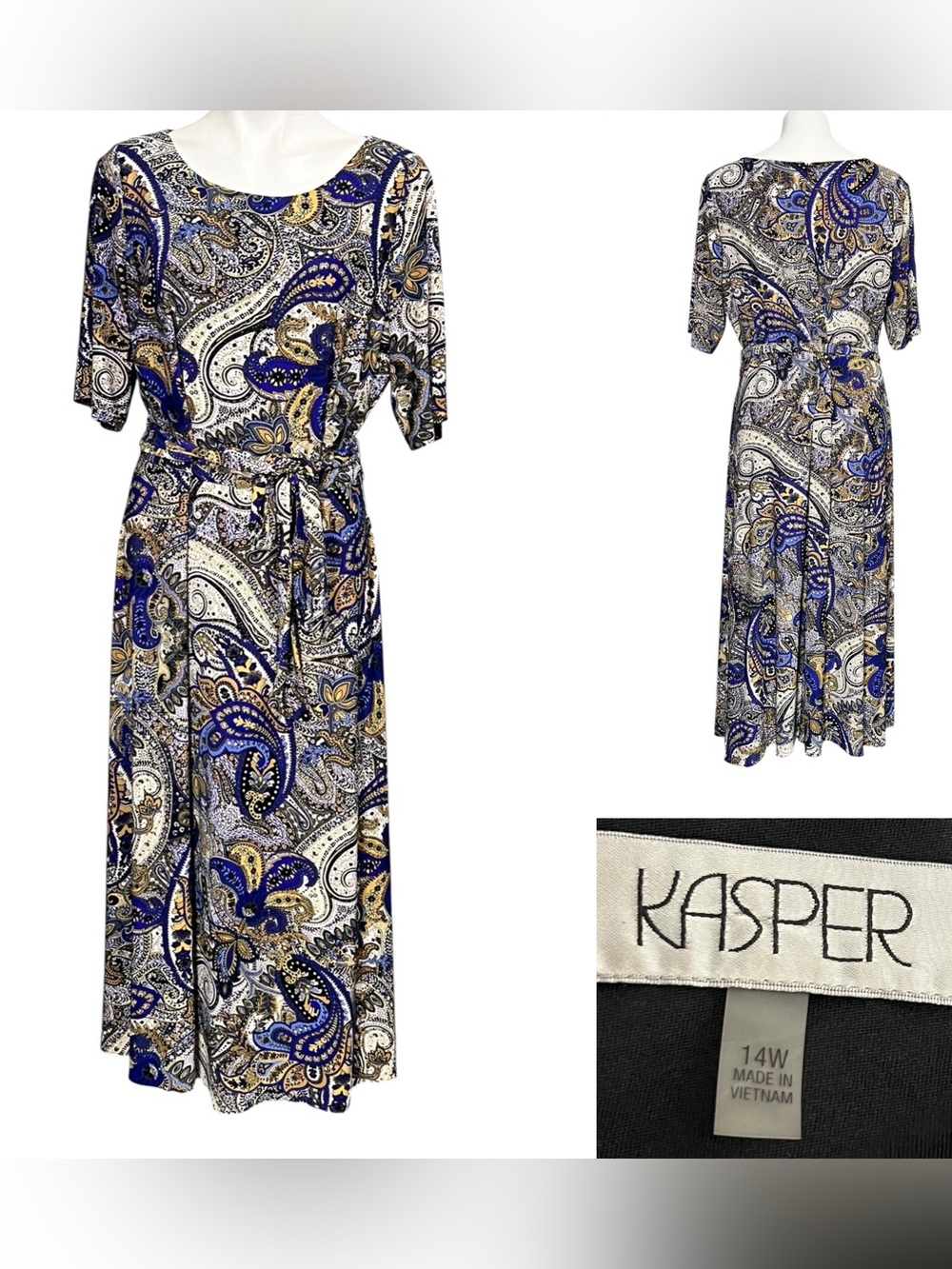 Kasper dress 14 Blue multicolor half-sleeve tie-waist midi/maxi office fall